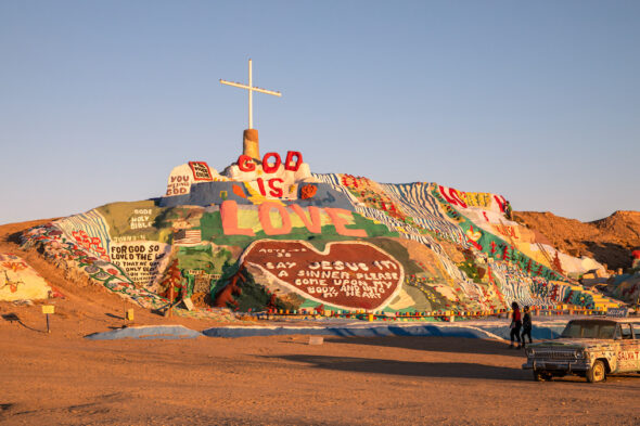 Slab City, California. Sunset on Salvation Mountain.