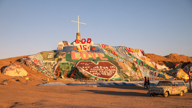 Slab City, California. Sunset on Salvation Mountain.