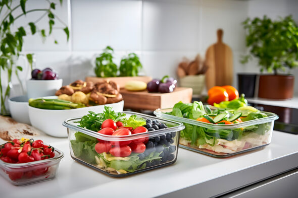 Tupperes con ensaladas sobre mesa blanca