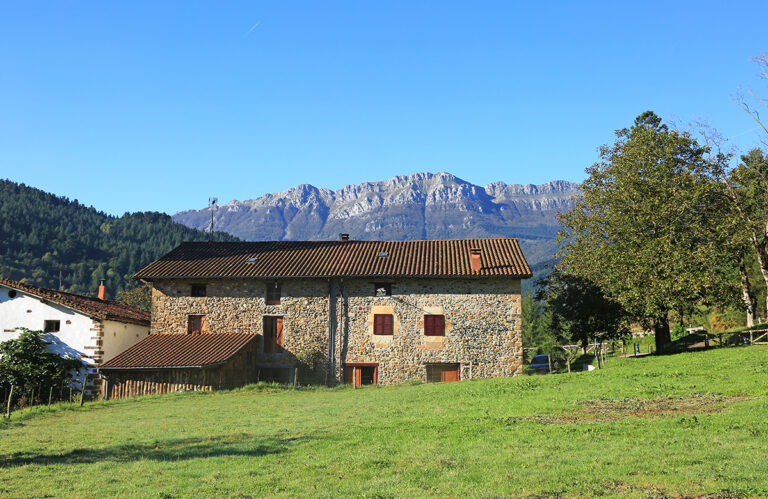 Casa rural de piedra con montañas de fondo y campo verde