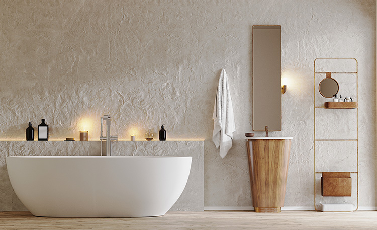 Cuarto de baño moderno con bañera blanca y pared con textura